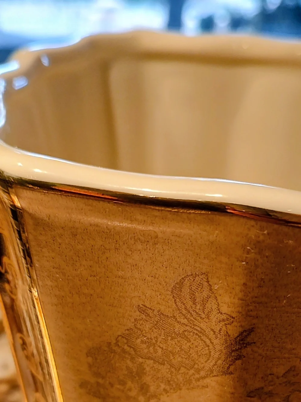 Croscill Brown, Cream and Gold Ceramic Wastebasket with Damask Trim